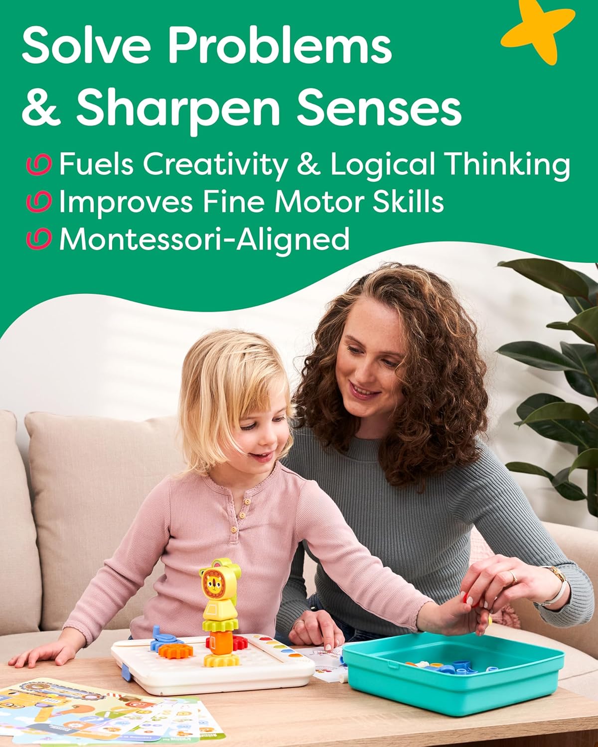Busy STEM Board - Activity Board, Talking Cards, Gears & Blocks, Ages 3-6
