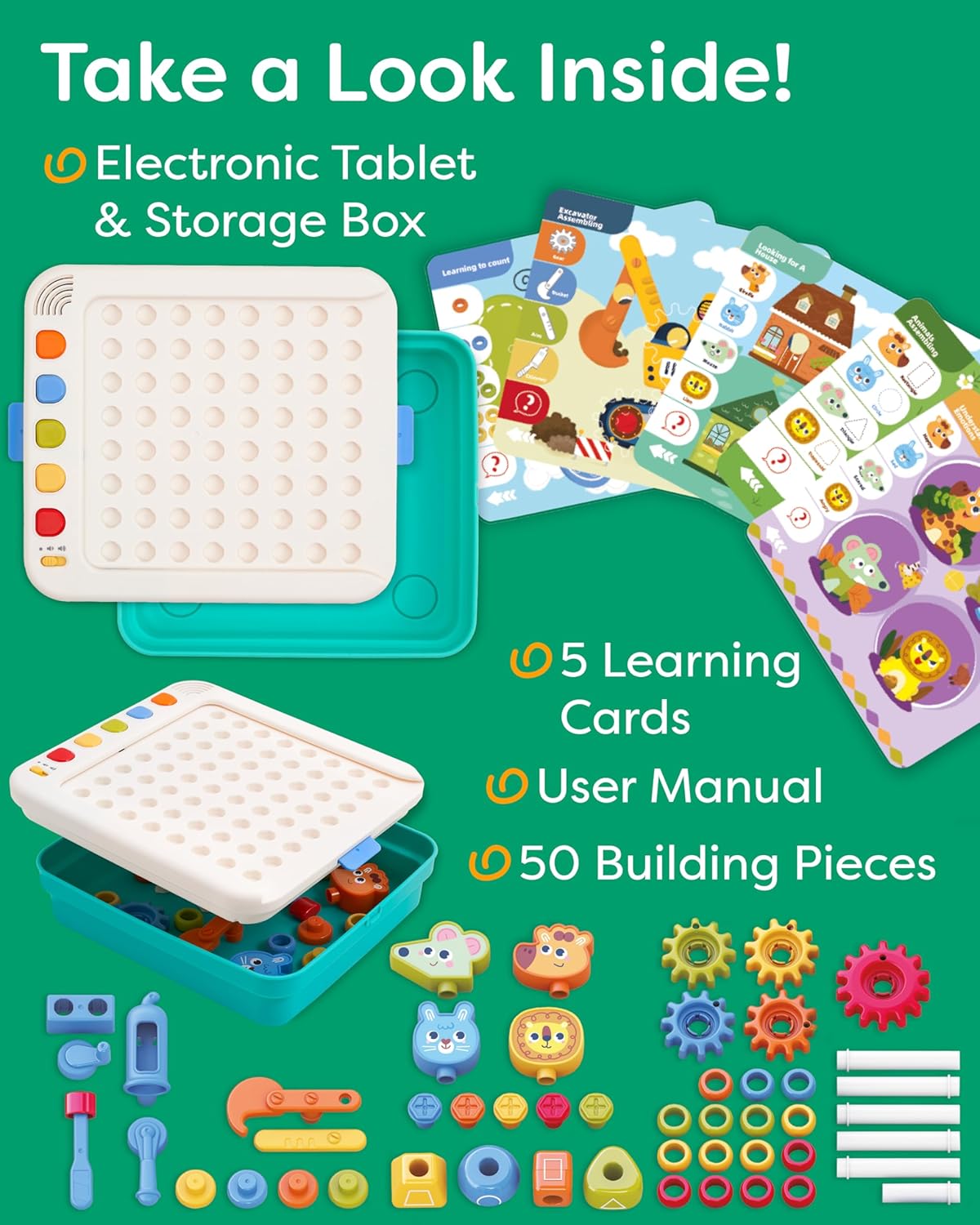 Busy STEM Board - Activity Board, Talking Cards, Gears & Blocks, Ages 3-6