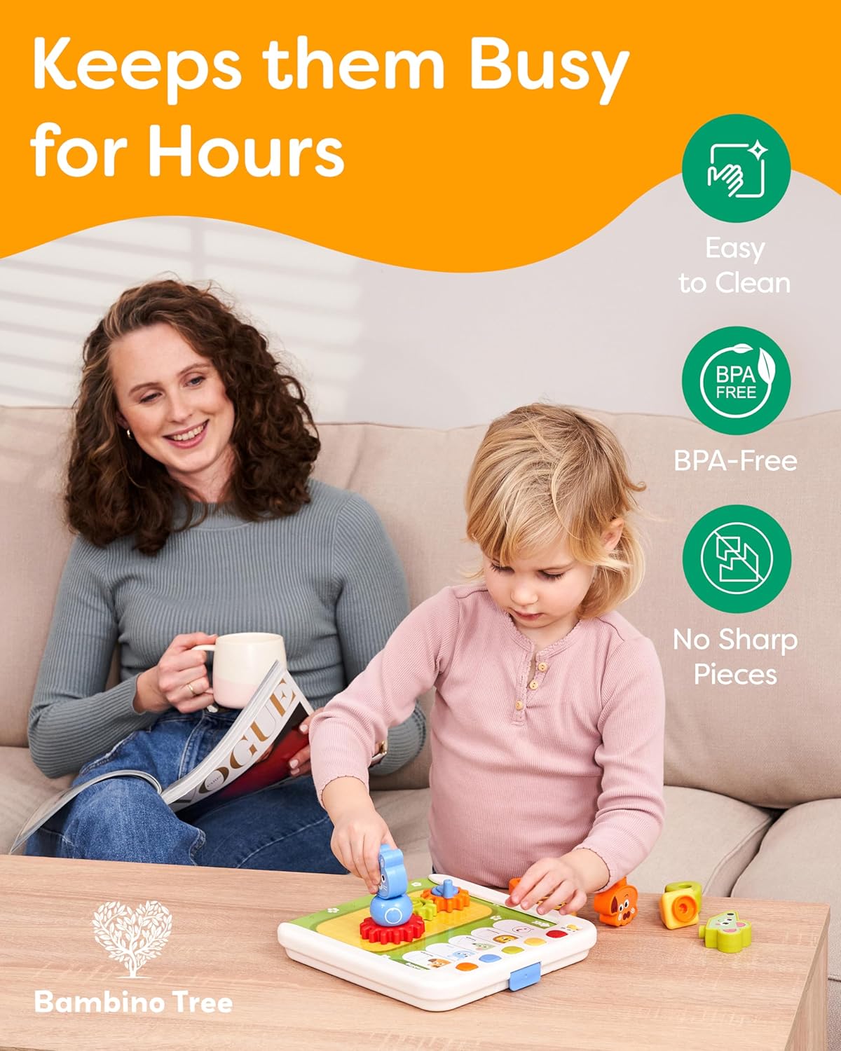 Busy STEM Board - Activity Board, Talking Cards, Gears & Blocks, Ages 3-6