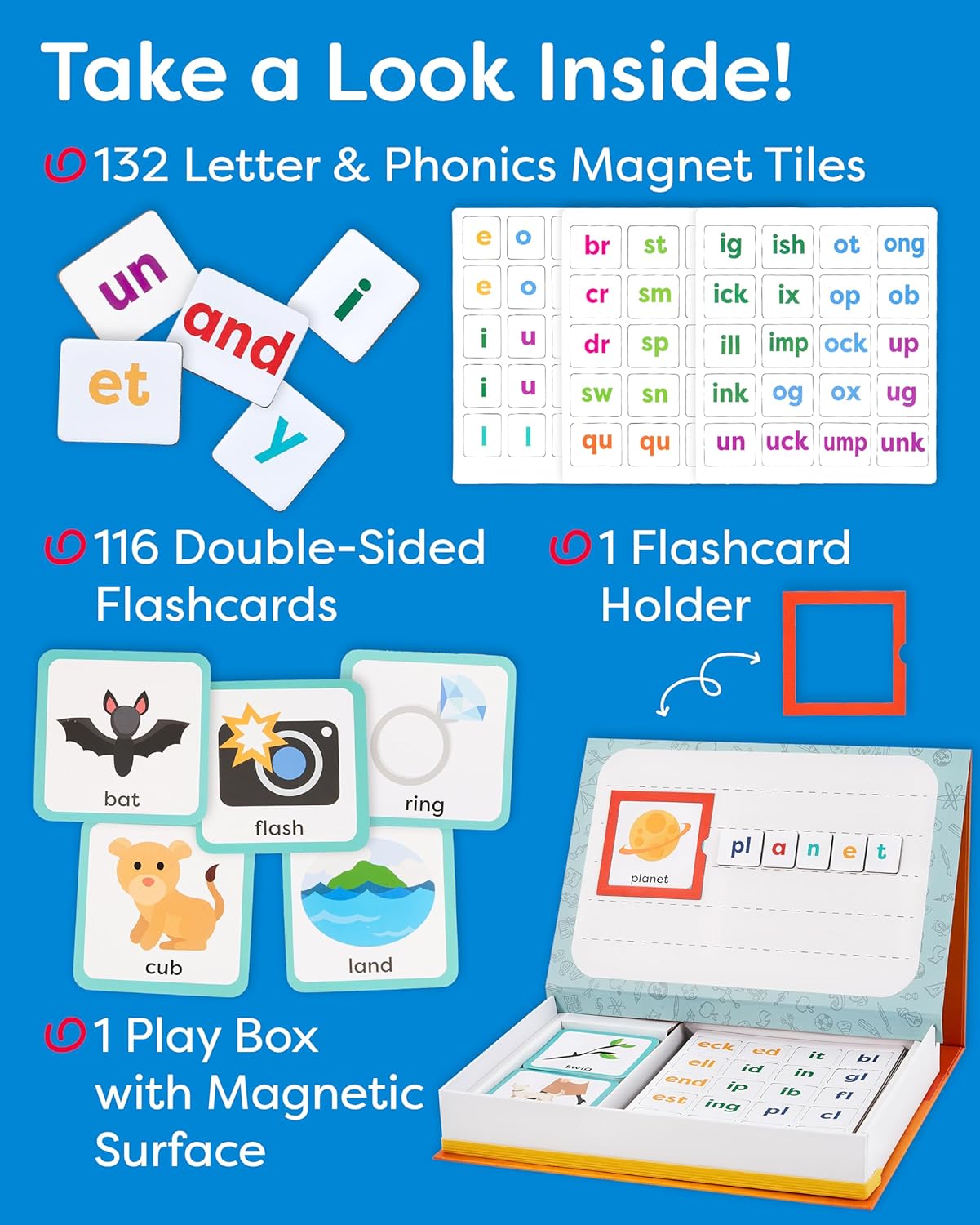 Alphabet & Phonics Magnets - CVC Builder & Picture Cards, Magnetic Board